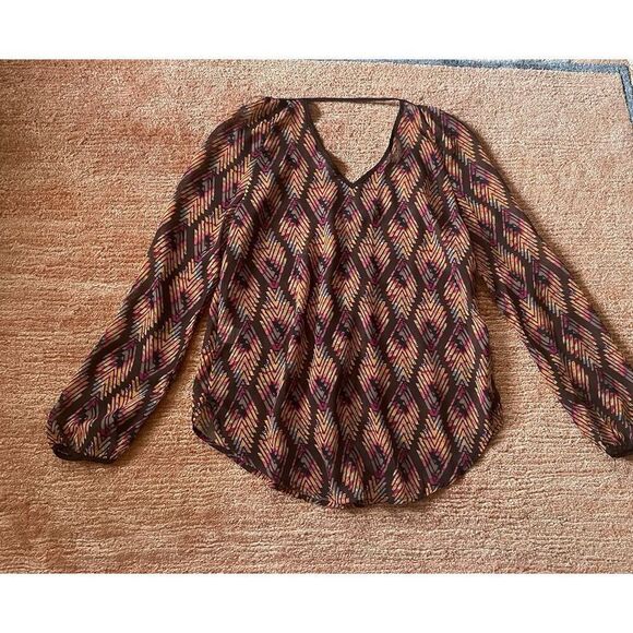 Blu Pepper Sheer Boho Blouse Top S Multicolor Chevron Long Sleeve Lightweight - Picture 8 of 8